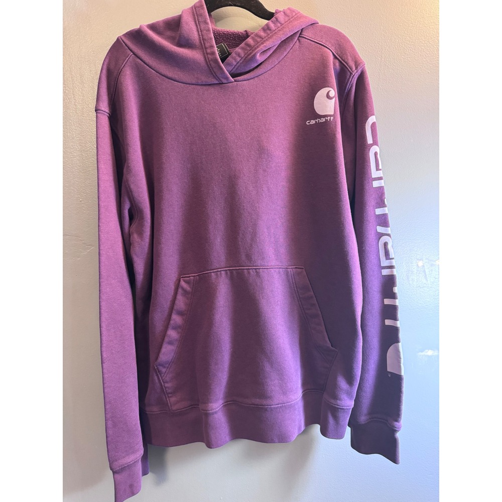 Carhartt Kids Purple Logo Sleeve Graphic Pullover Hoodie Sweatshirt Size L 12